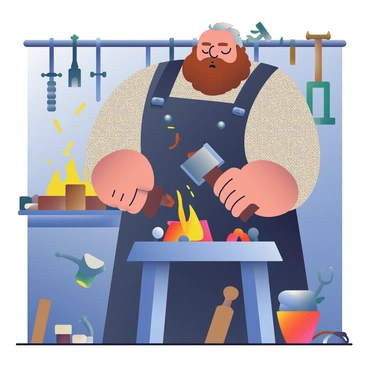 Beorn, a large man with a thick beard and muscular build, is standing at a traditional blacksmith's forge. He is wearing a dark leather apron over a simple wool shirt. Beorn is focused on shaping a glowing metal tool as he strikes it with a hammer, sending sparks flying in the air. The forge is illuminated by the flickering flames, casting warm light on his strong features and the surrounding tools scattered around the workshop. The walls of the forge are lined with various tools and weapons, adding to the industrious atmosphere.