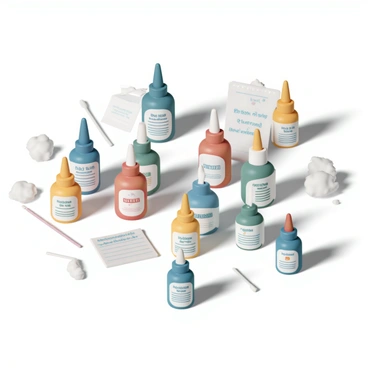 A tabletop covered with a variety of colorful bottles of ear drops and medications. Each bottle has a distinct shape and color, including bright blues, greens, reds, and yellows. Some bottles are small with droppers, while others are larger containers. The labels on the bottles display clear text and symbols related to treating "otitis media." Scattered around the bottles are a few cotton swabs and a notepad with handwritten notes. The light reflects off the bottles, creating a visually interesting arrangement of shadows and highlights.
