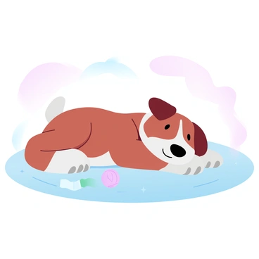 A dog lying on a soft, textured floor. The dog's body is relaxed, sprawled comfortably with its head resting on its paws. The dog's fur displays a mix of warm browns and soft whites. The overall scene conveys a gentle atmosphere, as the dog positions itself to bask in the warmth of the ambient light. A few playful toys are scattered nearby, adding a touch of color. The background features a pastel gradient that complements the cozy setting.