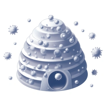 A structure resembling a beehive, composed entirely of small, abstract representations of viruses. The viruses are depicted in various intricate forms, with detailed surface textures and features showcasing their unique shapes. Surrounding the hive, several viruses can be seen in motion, creating a sense of activity, as if they are buzzing around the hive. The scene captures the complex interplay of the viruses, emphasizing their dynamic interactions within the hive-like formation.