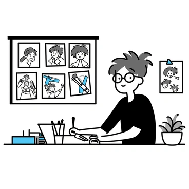 A manga artist, wearing glasses and a black shirt, is seated at a drawing desk covered with various tools. The desk includes markers, pencils, and an open sketchbook. Surrounding the artist are multiple comic panels mounted on the wall, showcasing dynamic action scenes. There are character sketches pinned on a corkboard, featuring different characters in various poses and expressions. A small potted plant rests on the desk, adding a touch of greenery to the workspace.