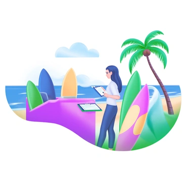 A modern pastel illustration depicting a person registering for a surfing club. The person stands in front of a registration desk, holding a clipboard with a pen. Colorful surfboards are propped up against the desk, featuring designs in blue, green, and yellow. In the background, ocean waves crash gently against the shore, with a clear sky above. Palm trees sway nearby, adding a tropical feel to the scene. The atmosphere is vibrant and inviting, showcasing the excitement of joining the surfing community.