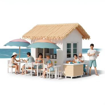 A small beachside café with a thatched roof and white walls. Tables made of weathered wood are arranged outside under colorful umbrellas. Patrons are sitting at the tables, some enjoying coffee served in ceramic mugs, while others are indulging in a variety of pastries displayed on a wooden counter. A woman, wearing a light blue sundress, is laughing with a friend, who is wearing sunglasses and a white hat. A man, dressed in a casual t-shirt and shorts, is reading a newspaper with a coffee cup beside him. The gentle waves of the ocean can be seen in the background, along with palm trees swaying in the breeze.