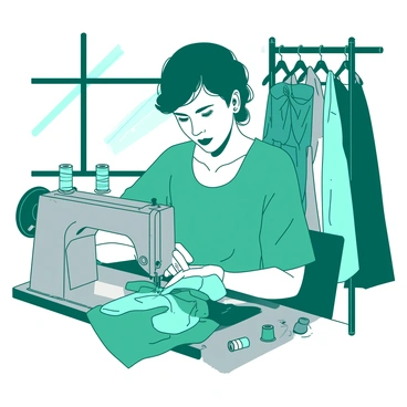 A teal seamstress is focused on sewing a dress using a vintage sewing machine. She is sitting at a wooden table, surrounded by colorful spools of thread in various shades. The machine has intricate details, featuring a shiny silver body and ornate decorations. The seamstress is holding a piece of vibrant fabric, with her right hand guiding it through the sewing machine. Sunlight is streaming through a nearby window, casting gentle shadows on the scene. A few completed dresses are hanging on a nearby rack.