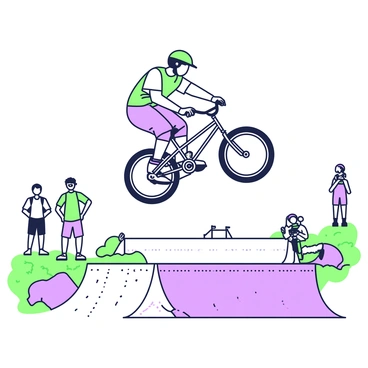 A BMX rider is airborne, executing a gravity-defying trick above a half-pipe in a skate park. The rider is wearing a helmet and protective gear, with loose-fitting shorts and a t-shirt. The BMX bike features a sleek frame and distinctive handlebars, with one foot on the pedal and the other extended outward. Below, the skate park is filled with ramps and platforms, with a textured surface. In the background, there are several onlookers watching the action, some holding cameras to capture the moment.
