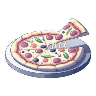 A detailed illustration of a pizza on a wooden pizza board. The pizza has a golden, slightly charred crust, indicating it has been freshly baked. It is generously topped with a variety of ingredients, including slices of pepperoni, bell peppers, mushrooms, and olives, arranged aesthetically across the surface. The cheese appears gooey and stretches as a slice is pulled away from the pie, showcasing its melty texture. The background displays a light kitchen setting, emphasizing the deliciousness of the pizza.