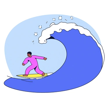 A surfer in a bright red wetsuit is paddling on a surfboard towards a massive, towering wave that looms overhead. The wave is vividly blue with white frothy crests, capturing the sunlight as it curls. The surfer is positioned in a dynamic stance, arms extended for balance, with a focused expression. In the background, a clear blue sky contrasts with the vibrant ocean colors. The scene conveys the thrill of surfing as the wave crashes down, sending sprays of water into the air.