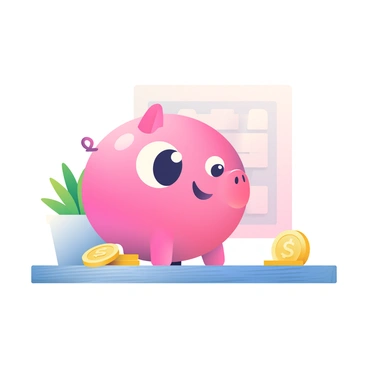 A cute piggy bank with a glossy pink finish is sitting on a wooden desk. The piggy bank has large, expressive eyes and a small smiling mouth. Surrounding it are scattered coins of various denominations, glinting in the light. The desk has a light grain texture, and there are a few coins rolled slightly away from the piggy bank. In the background, a small green plant in a ceramic pot adds a touch of color to the setting.