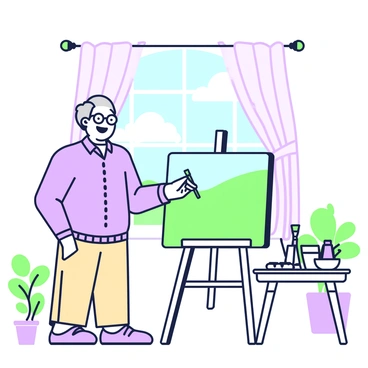 A senior man with gray hair and glasses is happily painting a landscape on an easel. He is wearing a light blue shirt and beige trousers. The easel displays a partially completed painting of rolling hills and a blue sky. To his right, a small table holds various paint tubes and brushes. The room is filled with natural light coming from a large window adorned with light curtains. In the background, potted plants are positioned by the window, adding green foliage to the scene.