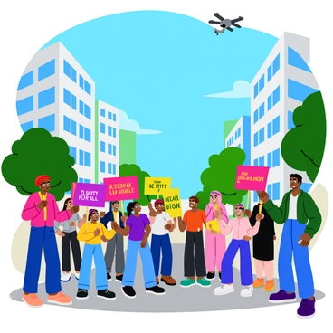 A diverse group of civilians stands together in an urban setting, holding brightly colored peace banners that feature messages such as "Peace Now" and "Unity for All." The scene captures a sense of solidarity among the individuals, with some wearing casual clothing and others in traditional attire. High above, a military drone is visible in the clear blue sky, observing the gathering. The buildings around the civilians are modern, with glass windows reflecting the sunlight, while a few trees line the street, adding a touch of greenery to the urban environment. The atmosphere conveys a lively yet tense moment as the civilians peacefully advocate for their message.
