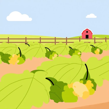 A sunny day on a melon farm with ripe melons growing on vines.