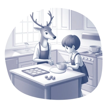A reindeer stands next to a child in a kitchen filled with warm light. The child, wearing an apron, is rolling out dough on a wooden countertop. The reindeer, with its antlers, is curiously watching the child while sitting beside a mixing bowl. Cookie cutters are scattered across the counter, and a tray of cookies is placed in the oven. The kitchen has wooden cabinets and a window that lets in soft light, creating a cozy atmosphere.