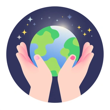 Two hands with fair skin and polished nails are gently cradling a small, vibrant Earth. The planet showcases vivid blues and greens, representing oceans and landmasses. Surrounding the Earth are numerous stars in various sizes, twinkling against a deep black background. The hands are positioned with fingers slightly spread, emphasizing the delicate nature of the hold. A soft glow emanates from the Earth, illuminating the hands and creating a sense of warmth.