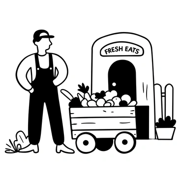A farmer in overalls stands next to a wooden cart filled with an assortment of fresh produce, including vegetables and fruits. The cart is parked outside a small local restaurant, which has a quaint sign above the door reading "Fresh Eats." In the background, there are potted plants and a rustic wooden fence. The scene conveys a sense of community and connection between the farmer and the restaurant.