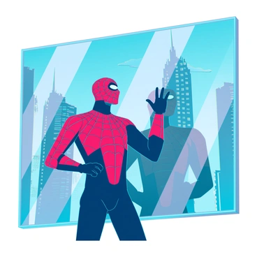 A superhero in a red and blue suit with a web pattern stands in front of a large glass window. His mask covers his entire head, reflecting the cityscape behind him. The superhero's posture is contemplative, with one hand resting on the glass, fingers splayed, as he gazes at his own reflection. The sunlight casts intricate shadows on the surface, highlighting the details of his suit. The background features tall buildings and a clear blue sky, creating a vibrant urban atmosphere.
