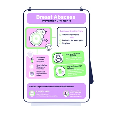 An educational poster is displayed in a clinic. The poster contains several sections with informative text framed in green and purple outlines. At the top, there is a header that reads "Breast Abscess Prevention and Care" in bold letters. Below the header, there are illustrations of a healthy breast anatomy and common risk factors, such as a small diagram with a list of potential causes like blocked ducts and infections. In another section, there are illustrated steps for preventive care, including "Maintain Proper Hygiene" and "Regular Check-Ups" with corresponding images of a shower and a doctor. At the bottom, there are contact details for local healthcare providers, presented clearly. The overall layout is structured and easy to read, with icons and bullet points enhancing clarity.