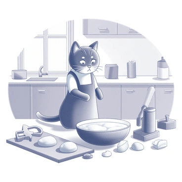 A small cat wearing a tiny apron is standing on its hind legs, perched on a kitchen counter. The cat is focused on a bowl filled with cookie dough, with its front paws resting on the edge of the bowl. Nearby, there are various baking utensils scattered around, including a rolling pin and cookie cutters. The kitchen has cabinets in the background, and a window with light streaming in, illuminating the scene. A baking sheet with arranged cookie dough balls is placed next to the cat, ready for the oven.