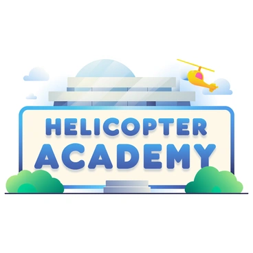 A large, rectangular sign reading "Helicopter Academy" is prominently displayed at the entrance of a training facility. The sign features bold, uppercase letters in a bright blue color against a white background. The structure of the training facility can be seen behind the sign, featuring a modern design with large glass windows and a light gray exterior. Surrounding the sign, there are well-maintained green shrubs and a neatly paved pathway leading into the facility. In the background, a helicopter can be seen taking off, adding to the aviation theme of the academy.
