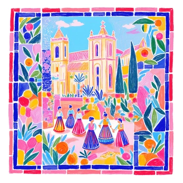 An intricate mosaic art piece features "Mallorca's cultural symbols" arranged in a detailed pattern. The central element displays "the iconic Cathedral of Santa Maria of Palma," showcasing its gothic architecture. Surrounding the cathedral are "colorful images of traditional Mallorcan folk dancers," dressed in "bright, flowing costumes." Scattered throughout the mosaic are "stylized representations of olive trees and orange fruits," symbolizing the island's agricultural heritage. Each tile is filled with "vibrant colors" that highlight the unique cultural elements of Mallorca. The borders of the mosaic are adorned with "geometric patterns" that reflect traditional Mallorcan designs.