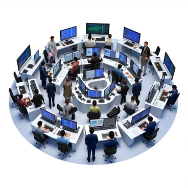 A busy stock exchange floor filled with traders in professional attire. The traders are engaged in various activities, some are speaking animatedly while others are focused on their tasks. The scene features numerous digital screens displaying stock prices, charts, and financial data. The screens are bright and colorful, adding to the energetic atmosphere. There are large, modern desks and trading stations scattered throughout the floor, with papers and electronic devices on them. The lighting is bright, creating a dynamic and bustling environment.