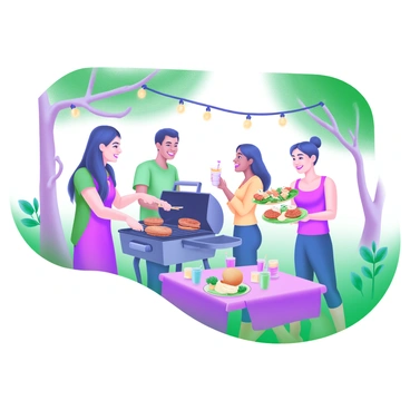 A backyard gathering featuring a group of friends surrounding a barbecue grill. The friends are engaged in lively conversation, smiling and laughing. One person is flipping burgers on the grill, while another is holding a colorful plate filled with grilled vegetables and skewers. In the background, there are string lights hanging from trees, creating a warm atmosphere. A picnic table is set with various drinks in pastel-colored cups and a vibrant tablecloth. The grass is lush and green, and a few decorative plants are placed nearby, adding to the inviting setting.