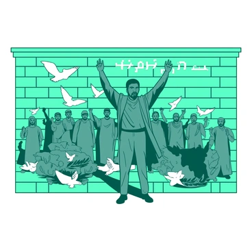 A teal brick wall features a large mural that celebrates the lives of martyrs. The mural portrays several figures, each with a distinct pose that conveys strength and resilience. In the foreground, a martyr stands tall with arms raised, surrounded by imagery of peace, such as doves and olive branches. Additional figures appear in the background, depicted in powerful stances, facing the viewer with expressions of determination. The entire composition is alive with intricate details, showcasing symbols of hope and sacrifice interwoven throughout the scene.