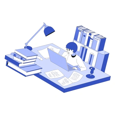 A researcher is seated at a wooden desk, focused on writing an article for a medical journal. The desk is cluttered with open books and scattered notes. The researcher has a pen in hand and is looking thoughtfully at a laptop in front of them. Various medical textbooks are stacked to one side, while loose papers filled with handwritten annotations lie beside them. A small desk lamp casts light over the workspace, illuminating the details of the materials. In the background, a shelf filled with more books is visible, creating a scholarly atmosphere.