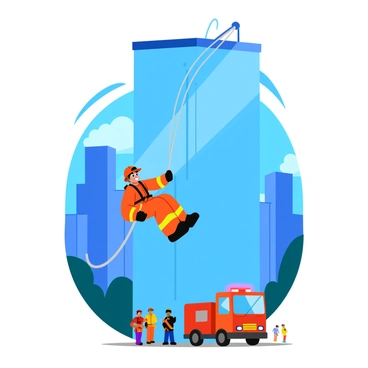 A firefighter in bright orange gear is rappelling down the side of a tall glass skyscraper. The firefighter has a helmet with a visor, and the rope extends from their harness to the rooftop above. There are dramatic cityscape elements in the background, including other buildings stretching towards the blue sky. The firefighter's face shows focus and determination as they descend, while below, a crowd gathers, looking up in anticipation. A fire truck with flashing lights is parked nearby, adding to the urgency of the scene.