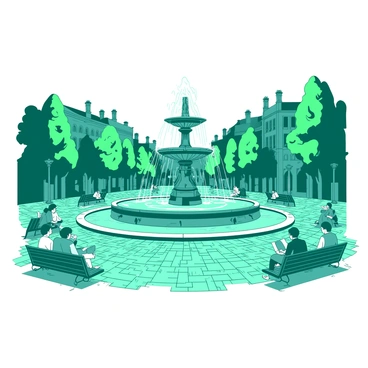 A teal historic city square is filled with cobblestone pavement. In the center, there is a large, ornate fountain with water spraying gracefully from its multiple tiers. Surrounding the fountain, several people are sitting on benches, enjoying the atmosphere. Some are engaged in conversation, while others are reading books or watching the flowing water. Green trees line the edges of the square, providing shade to the visitors. Historical buildings with intricate architecture frame the square, adding to the picturesque scene.