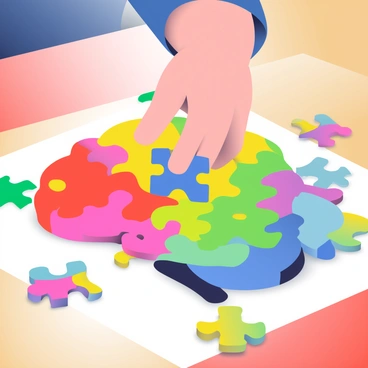 A puzzle with pieces forming a brain, with the prefrontal cortex as the last piece being placed