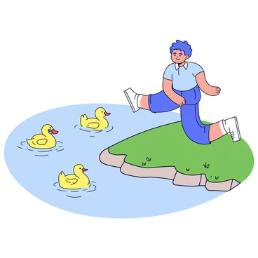 A person performing calf raises on a smooth, grassy riverbank. The individual is wearing comfortable athletic clothing and has a focused expression. Nearby, several ducks are swimming gracefully in the calm water of the river. The riverbank is lined with small stones and patches of green grass. The scene captures a peaceful atmosphere, highlighting the interaction between the person and the serene outdoor environment.