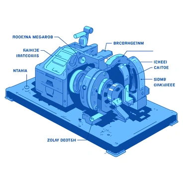 A blue mechanical object is depicted in a detailed technical illustration. The object features various gears, levers, and components intricately arranged to showcase its functionality. Each part is labeled with precise annotations, demonstrating the object's design and mechanics. The background is a contrasting white, highlighting the blue of the mechanical object and enhancing the clarity of the illustration.