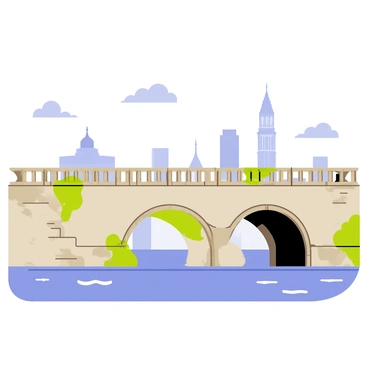 An old, historical bridge with stone arches spanning across the Ganges River. The bridge features intricate carvings and moss-covered stones, reflecting its age. Below the bridge, the river flows gently, with small ripples visible on the surface. In the background, a city skyline rises, showcasing a mixture of modern buildings and traditional architecture. The sky is clear, and a few fluffy clouds are scattered, highlighting the vibrant atmosphere of the scene. The overall composition shows the harmonious coexistence of history and modernity.