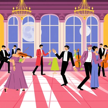 A grand ballroom illuminated by soft moonlight spilling through large windows. Elegant guests in attire from the regency era, adorned with intricate "masquerade masks," are dancing gracefully across a polished wooden floor. A "live orchestra" is positioned in the corner of the room, with musicians playing violins and cellos, creating a vibrant atmosphere. Chandeliers hang from the ceiling, casting a warm glow, while the walls are decorated with rich, deep colors and ornate details. A large "moon" is visible outside, adding a magical touch to the scene.