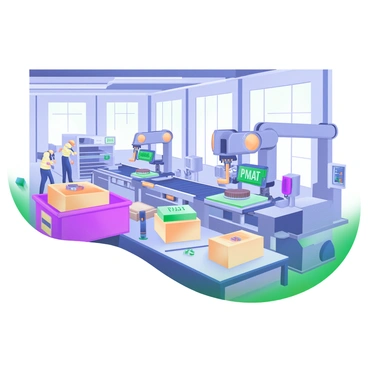 A modern pastel illustration of an industrial factory interior with a bright, open layout. The scene features an assembly line where "PMAT components" are being manufactured. Various machines are positioned along the line, with robotic arms actively placing components onto a conveyor belt. Workers in safety gear are visible, focused on their tasks, while crates filled with finished products are stacked nearby. The walls are adorned with large windows, allowing natural light to flood the space. Detailed tools and equipment are organized neatly around the workstations, contributing to a productive atmosphere.