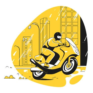 A motorcyclist wearing a black helmet and a yellow rain suit rides a motorcycle through a city street. The motorcycle has sleek lines and is positioned at an angle as it speeds past. Raindrops are falling gently, creating small splashes on the wet pavement. Tall buildings line the street, and some are illuminated by streetlights that reflect off the wet surfaces. The motorcyclist grips the handlebars firmly, and their focused expression is visible beneath the visor of the helmet. The scene captures the vibrant energy of the city even in the rain.