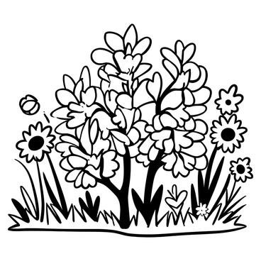 A garden scene featuring raspberry bushes with abundant green leaves, ripe red raspberries visibly hanging from the branches. The bushes are arranged prominently in the center of the image. Surrounding the raspberry bushes, various flowers in different shapes and sizes are depicted, each with distinct outlines, creating a diverse floral arrangement. There are tall sunflowers standing upright, round daisies clustered together, and delicate blossoms interspersed among the foliage. The ground is covered with grass, providing a natural base for the entire scene.
