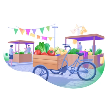 A cargo bike parked on a cobblestone street at a local market. The bike has a large wooden box in front, overflowing with fresh produce, including vibrant red tomatoes, leafy green lettuce, and yellow bell peppers. Nearby, there are wooden stalls selling additional fruits and vegetables, with customers browsing the selection. The scene is lively, with market bags and shoppers adding to the atmosphere. Brightly colored flags can be seen hanging in the background, fluttering in the breeze.