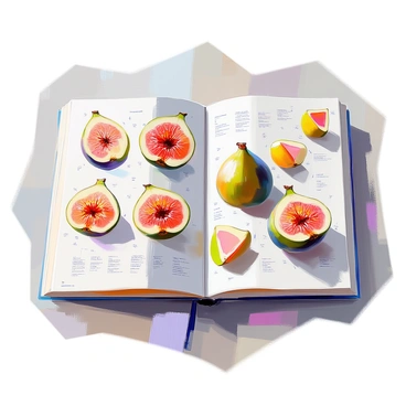 A scientific botanical study page filled with various detailed diagrams of figs. The page includes multiple illustrations showing the different parts of the fig fruit, including the exterior skin, seeds, and interior flesh. Each diagram is accompanied by precise annotations identifying key features such as "skin," "seeds," and "flesh" in clear text. The layout is organized and systematic, with an emphasis on clarity and educational value. There are also arrows and labels pointing to the specific parts of the fig, making it easy to understand the anatomy of the fruit. The overall appearance is professional and informative, suitable for a botanical study.