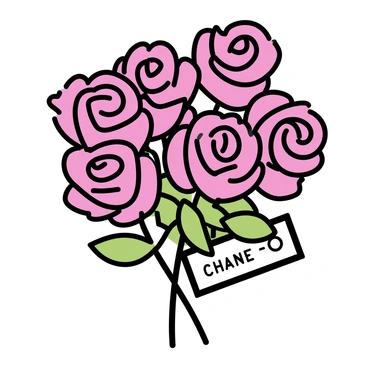 A lavish bouquet of red roses arranged tightly together, showcasing their full blooms and lush green leaves. Nestled among the roses is a small, elegant "Chanel" logo tag, neatly attached to one of the stems. The tag is designed with a simple black font on a white background, contrasting beautifully with the vibrant colors of the flowers.