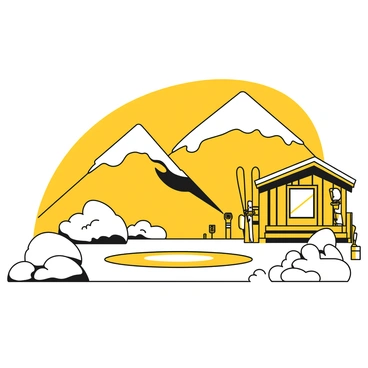 A helicopter pad with a circular landing area marked prominently in white, situated on a snowy landscape. Surrounding the pad, there are piles of snow with ski tracks leading away from it. In the background, tall mountains with white peaks rise sharply against the sky, their slopes covered in thick patches of snow. To the side, a rustic wooden lodge can be seen, with ski equipment leaning against the walls. The scene conveys a sense of winter adventure.