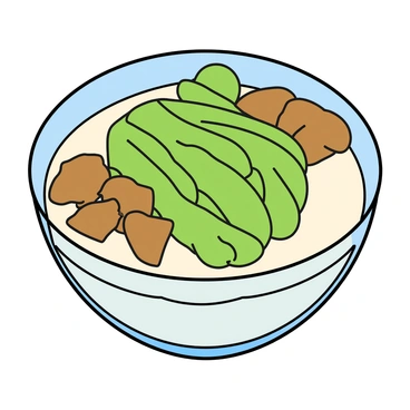 A colorful arrangement of cendol ingredients displayed in a clear glass bowl. The bowl is filled with vibrant green jelly strands, glistening and coiling together. Next to the jelly, a generous amount of creamy white coconut milk cascades gently over the jelly, creating a smooth layer. Next to it, small chunks of brown palm sugar are scattered, adding a rich caramel hue. The background features a light-colored surface that enhances the vivid colors of the ingredients, creating an inviting and appetizing scene.