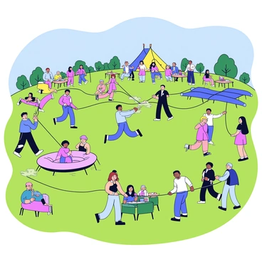 A large outdoor area filled with green grass and colorful tents. Employees are engaged in various team-building activities. Some employees are participating in a friendly three-legged race, while others are gathered around a large inflatable obstacle course. A group of employees is playing tug-of-war, pulling on a long rope with determination. In the background, there are picnic tables set up with food and drinks, and some employees are laughing and sharing stories. Bright blue skies overhead and trees lining the edge of the area provide a cheerful atmosphere.