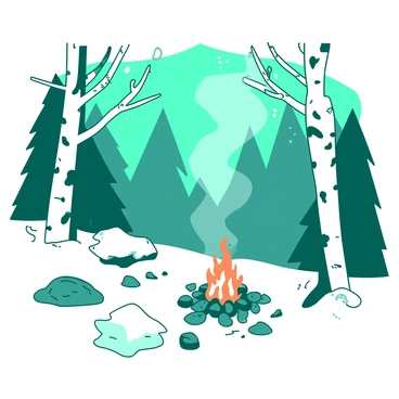 A teal winter woodland scene features snow-covered trees with white bark and evergreen needles. In various spots, small orange fires are flickering on the ground, surrounded by rocks, casting a warm glow. Small piles of snow rest on the branches, and a few delicate snowflakes are falling from the sky. The atmosphere is tranquil, with gentle smoke rising from the fires and reflecting the orange hues against the teal backdrop.