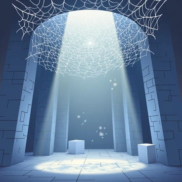 A large, dimly lit chamber is filled with massive cobwebs that are intricately draped across the ceiling and walls. The cobwebs appear thick and tangled, creating an eerie atmosphere. Floating in the air are numerous dust motes, catching the faint light that filters through small openings. Shadows dance along the stone surfaces, enhancing the feeling of stillness in the space. Some larger dust particles are visible, moving slowly as they drift through the cobwebs. The overall scene suggests a forgotten place, untouched for many years.
