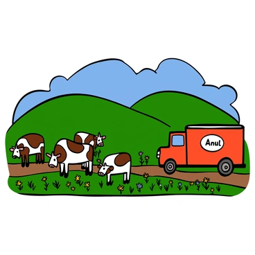 A peaceful dairy farm with green rolling hills in the background. In the foreground, several brown and white cows are grazing in a lush green field filled with wildflowers. Nearby, there is an Amul milk truck parked, featuring the recognizable Amul logo on its side. The truck is bright red with white accents and parked on a dirt path, surrounded by the vibrant greenery of the farm. A clear blue sky is overhead, adding to the tranquil atmosphere of the scene.