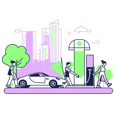 A sleek electric car is parked at a futuristic charging station in an urban environment. The car features smooth curves and a glossy finish, reflecting the surrounding buildings. The charging station has an innovative design with a streamlined silhouette and illuminated accents. In the background, tall skyscrapers rise against the sky, their glass facades glimmering. Pedestrians walk by, some glancing towards the car and charging station. Nearby, green trees are visible, adding a touch of nature to the modern cityscape.