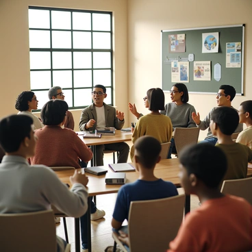 A diverse group of residents, including men and women of various ages and ethnic backgrounds, are seated in a spacious community center room. They are engaged in an animated discussion about the impacts of fracking. Some residents have notebooks and pens, while others are gesturing passionately. A bulletin board in the background displays informational flyers about fracking and its environmental consequences. Sunlight streams through large windows, illuminating the room and highlighting the expressions of concern on the participants' faces. The atmosphere is one of community engagement and active participation in a vital conversation.
