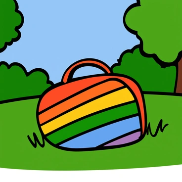 A skateboard bag with a colorful rainbow pattern is lying flat on lush green grass in a sunny park. The bag is prominently displayed, showcasing its vibrant colors including red, orange, yellow, green, blue, and purple in horizontal stripes. Sunlight casts soft shadows around the bag, highlighting the texture of both the bag and the grass. In the background, there are blurred silhouettes of trees and a clear blue sky, creating a cheerful and inviting atmosphere.