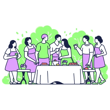 A garden party is taking place with a vibrant atmosphere. Several guests are mingling, wearing casual summer attire. Some are engaged in conversation while others are laughing and enjoying drinks. In the center of the scene, there is a buffet table draped with a white tablecloth. On the table, there are platters of grilled bratwursts arranged neatly alongside colorful bowls of various salads. To the side, a few guests are serving themselves from the buffet, while others are seated at small round tables adorned with floral centerpieces. The garden is filled with lush greenery and blooming flowers, creating a lively backdrop.